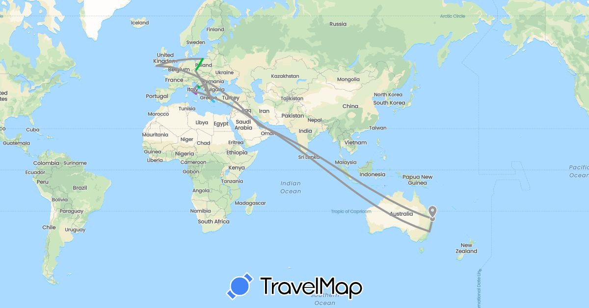 TravelMap itinerary: driving, bus, plane, train, boat in United Arab Emirates, Australia, Czech Republic, United Kingdom, Greece, Croatia, Ireland, Italy, Poland, Qatar, Serbia (Asia, Europe, Oceania)